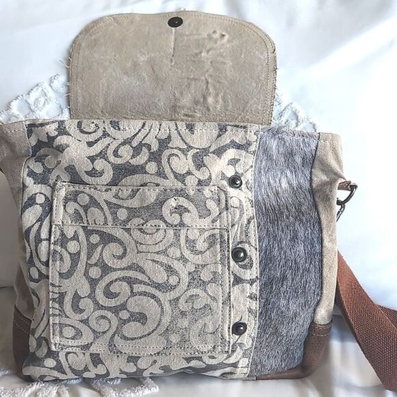 Myra Calf Hair/Canvas Distressed Crossbody Messenger Bag - Picture 3 of 16